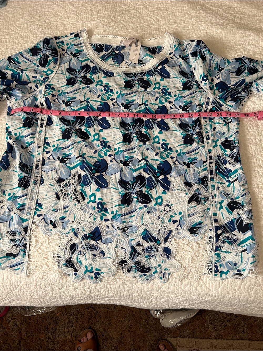 NWT Chico's White Floral Tunic with Blue & Teal with embroidery and lace - Picture 11 of 14